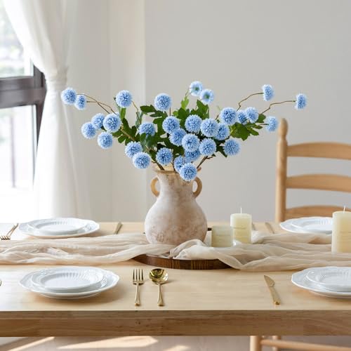 mizii 6Pcs Blue Fake Silk Pompon Mum Artificial Flowers Bulk Small Faux Chrysanthemums with Stems Realistic Floral Decorations for Wedding DIY Bouquet Centerpieces Shower Vase Home Decor (Light Blue) by mizii - Used condition - Image 3