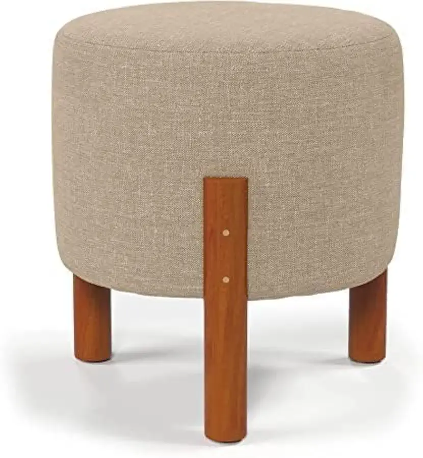 Puff Redondo Luxo Decorativo Charme com Pés de madeira Linho Bege