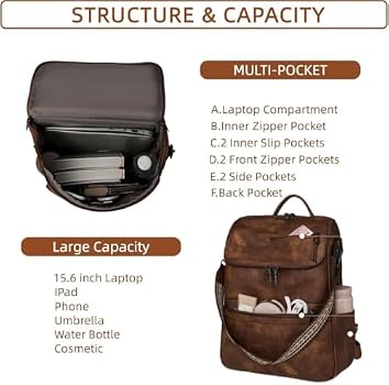 Brown PU Leather Laptop Backpack for Women, 15.6 Inch Large