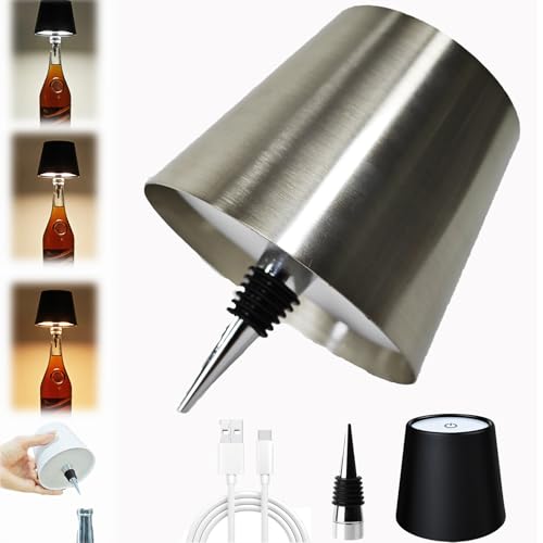 Neioaas Wireless Wine Bottle Lamp, Rechargeable 3 Color Dimmable,Silver