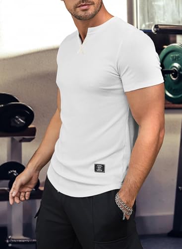 Men's Muscle Shirt V Neck Slim Longline Short Sleeve Henley Shirt Gym Workout Athletic Tees Mens Tights for Sports4