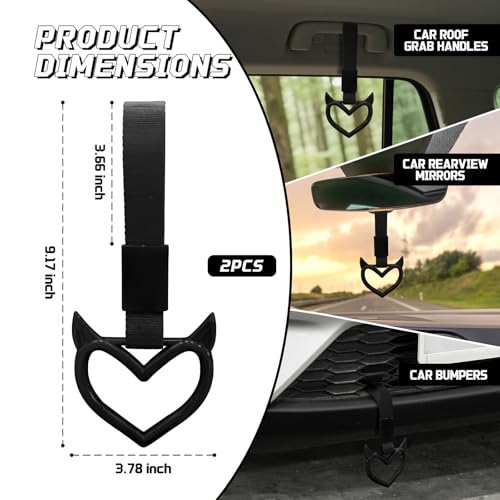 Image of 2 Pcs Devil Heart Shaped Car Handle Strap - Drift Charm Rear Bumper Warning Ring Decor for Car Interior Exterior, Subway Bus Handle Accessory, Cute Heart Car Decor Gift for Drivers (Black)