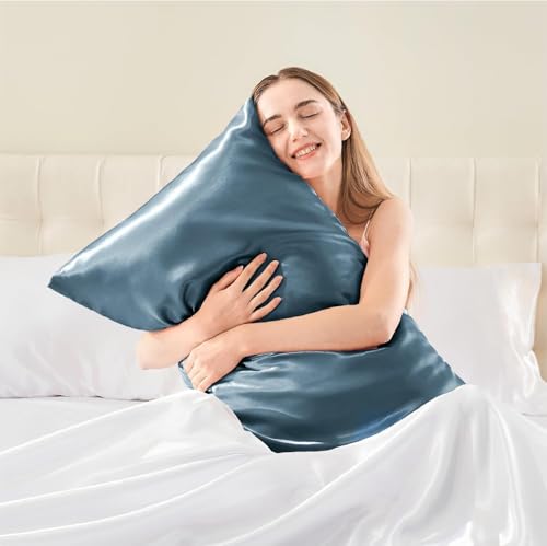 Image of GO WELL Solid Satin Silk Pillow Covers Pack of 2 for Hair and Skin-with Satin Scrunchies |Satin Pillow coves for Hair and Skin|scrunchies for Women 3-Piece|Silk Pillow case (Bluesteel) 800Tc