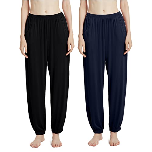 Aflowyii Modal Pajama Pants for Women Lounge Pants with Pockets Stretch Loose Yoga Pants Comfy Nightwear Sleepwear Pj Bottoms Black+Navy Blue X-Large