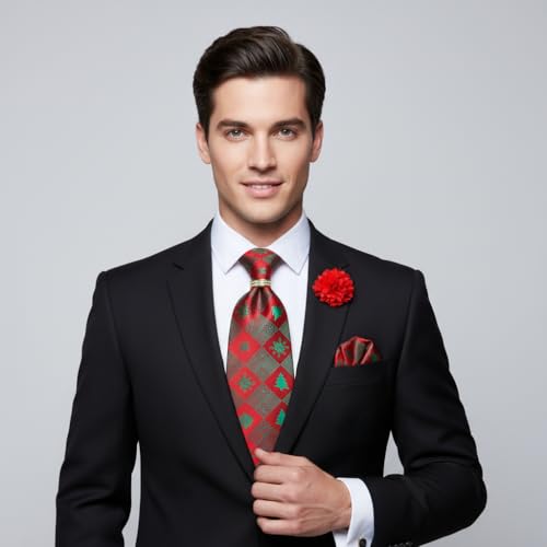 Image of 5PCS Mens Premium Silk Tie, Pocket Square, Cufflinks, Drilled Tie Ring and Lapel Pin Set for Wedding Groom Party