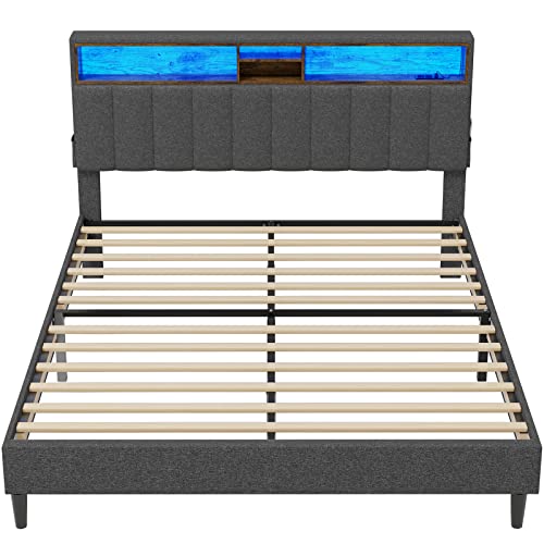 Adorneve Queen Led Bed Frame With Outlet And Usb Ports, Queen Bed Frame With Storage Headboard, Modern Platform Bed With Storage & Led Lights, No Box Spring Needed, Easy Assembly, Dark Grey #TOP6