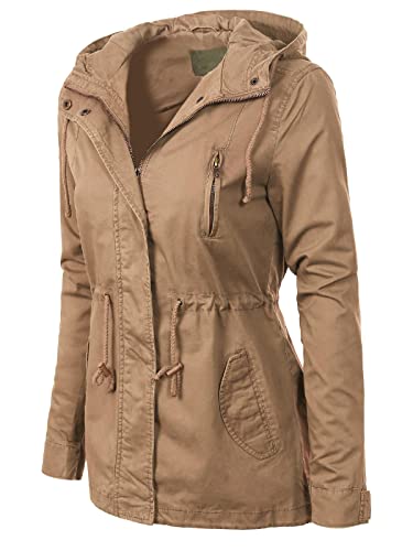 MixMatchy Women's Basic Military Anorak Jacket Zip Up Snap Button Hooded Parka Safari Utility Coat with Pocket Mocha 2XL