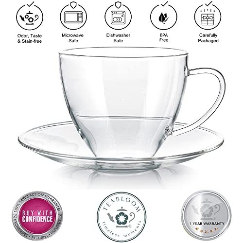 Teabloom Royal Teacup And Saucer Set 2-Pack – Large Size – 12 Oz/ 350 Ml Capacity – Crystal Clear Classic Design – Glass Mug Set – Premium, Healthful Borosilicate Glass – Durable And Heat Resistant #TOP1