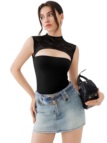 REORIA Women's Sexy Cutout Lace Flower High Neck Sleeveless Slim Y2K Going Out Crop Tank Tops4