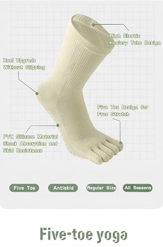 5 Pairs Women's Mid Calf Yoga Socks Non Slip Five Toe Medium Cushion Cotton, Dot Rubber Sole for Pilates, Dance, Barre, Gym Girl's Barefoot Soft Boot Socks3