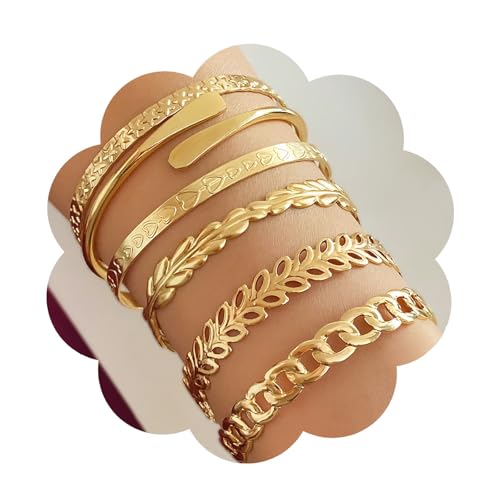Mnblkjpoi 14k Gold Layer Cuff Bracelets Stack for Women, Waterproof Stainless Steel Bangle Set Non Tarnish, Adjustable Fashion Statement Bangle Jewelry, Anniversary Birthday Valentine's Day Gifts.