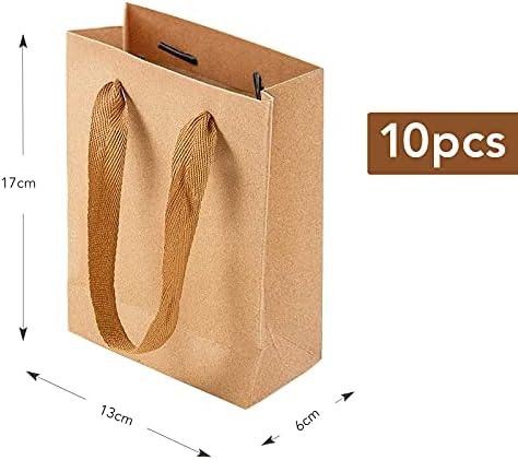 10 Pcs Small Gift Bag Brown Paper Bag Kraft Paper Lunch Bags Carrier Bags Treat Candy Large Gift Bag Recycled Bulk Paper Retail Bags with Handles for Birthday, Wedding, Party Celebrations, 17x13x6cm