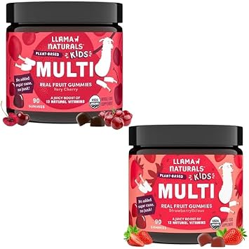 Llama Naturals Kids Multivitamin Gummies, Vegan, Organic with Vitamin D, C & K, Toddler Real Fruit Gummy Vitamins, Chewable Supplement, Cherry and Strawberry. 90 Ct