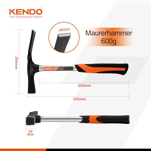 KENDO Maurerhammer 600g - Berliner Form - Länge: 325 mm - mit 2 Komponentengriff - Hammerkopf aus Karbonstahl