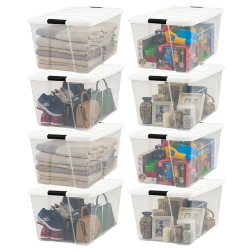 Image of IRIS USA 94 Qt Stackable Plastic Storage Bins with Lids, 8 Pack - BPA-Free, Made in USA - See-Through Organizing Solution, Latches, Durable Nestable Containers, Secure Pull Handle - Clear /White