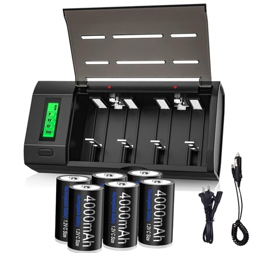 Palowextra Premium Rechargeable C Cell Batteries with Charger, 6 Pack 1.2V NiMH C Size, Universal Battery Charger for AA AAA 9V D C Rechargeable Batteries (6 Count)
