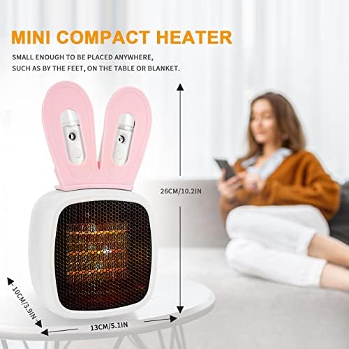 Mini Rabbit Electric Heater Achort Small Compact Portable Space 800W PTC Ceramic Heater Energy Efficient 2 Heat Settings Fast Heating Heater with 2 Ear Mist Humidifiers 45° for Home Bedroom Office
