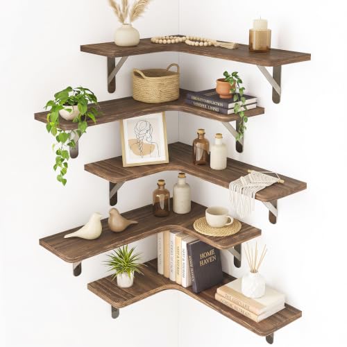 Fixwal Conner Floating Shelves for Wall Decor, Dark Carbonized Black 5pcs | Solid wood shelf with metal brackets, holds 40 lbs. Optimizes corner storage. Fits bathroom, kitchen, bedroom & living room.
