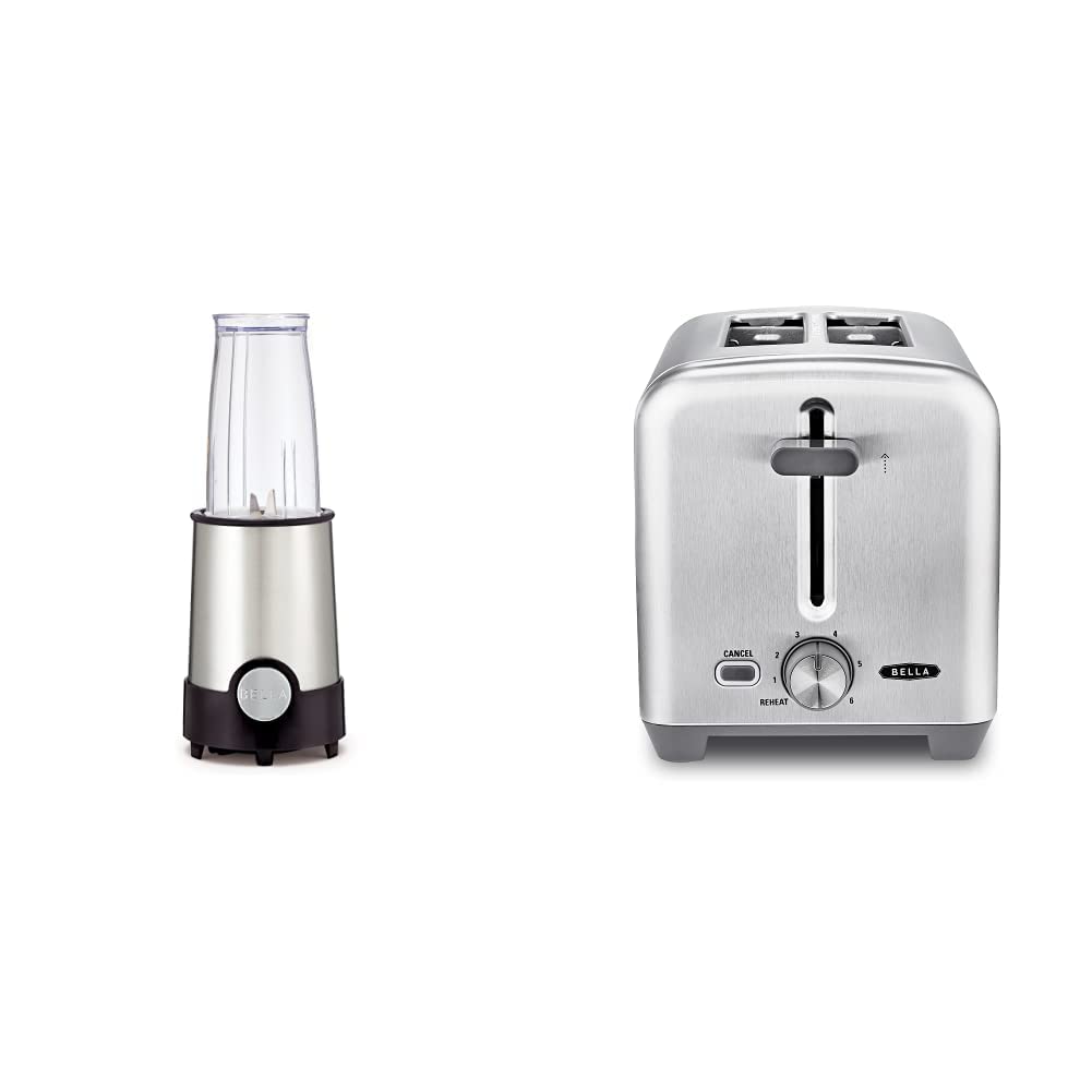 BELLA Personal Size Rocket Blender, 12 Piece Blending Set, Stainless Steel/Black & 2 Slice Toaster, Stainless Steel