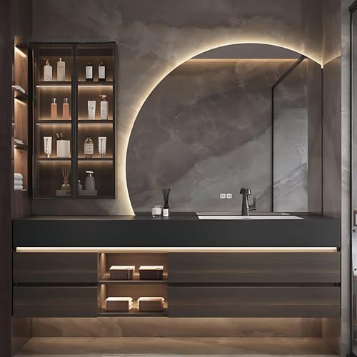 TIZAZO 76IN Modern Floating Single Sink Bathroom Vanity - Bathroom Vanity with 4 Drawers, Intelligent Backlit Mirror & Defogging Function - Dark Brown Vanity with Wall - Mounted Side Cabinet