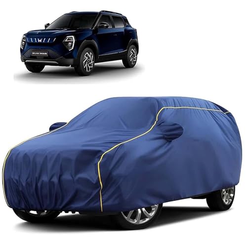 Image of Sulfar 100% Water Resistant Car Body Cover Compatible with Mirror for Mahindra XUV 3XO EV (Triple Stitched, Full Bottom Elastic, Blue Tafetta with Yellow Piping)