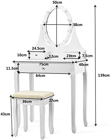 COSTWAY Dressing Table Set with Cushioned Stool, Detachable Tabletop and 3 Cosmetic Drawers, 360° Rotating Mirror with 10 LED Rose Lights, 2 IN 1 Makeup Vanity Table