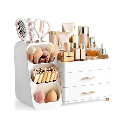 fanado 360° Rotate Makeup Brush Holder Organizer, Makeup Organizers Countertop, Makeup organization and Skincare Storage for Vanity, Desktop, Bathroom (White)