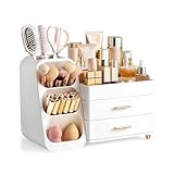HBlife Makeup Organizer with Brush Holder for Vanity, Large Plastic Bathroom Countertop Organizer Skin Care Storage, Easy to Store Lipsticks, Nail Polishes, Perfumes, Eyeshadow Palettes, All White