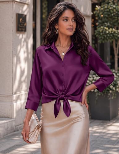 Image of Zeagoo Womens Satin Blouses Button Down Shirts 3 /4 Sleeve Dressy Tops S-2XL