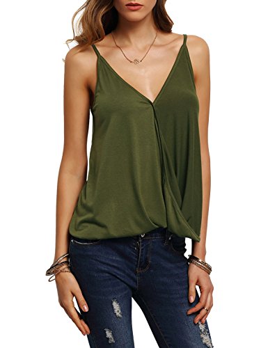Romwe Women's V Neck Strappy Loose T-Shirt Tank Top Vest Blouses Green S