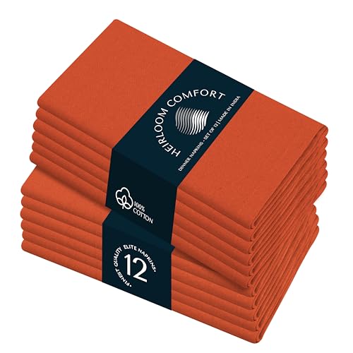 HEIRLOOM COMFORT Orange Cloth Napkins 17"x17" - Set of 12-100% Cotton, Durable, Absorbent, Washable, Reusable - Perfect for Summer, Rustic Weddings, Fall, Halloween, Thanksgiving, Everyday Use