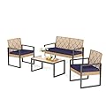 MFSTUDIO 4 Pieces Outdoor Wicker Small Wood Patio Furniture Set, Outdoor Yellow Wicker Conversation Furniture Set with Cushion Chairs, Wood Table, Loveseat Sofa, Patio Rattan Sofa Set 4 Piece