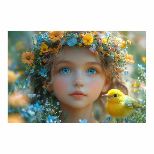 Art mural moderne vintage abstrait fille avec oiseau jaune fleurs