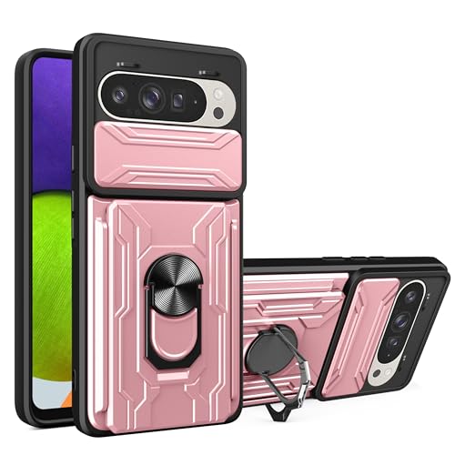 Jiajihua Case Compatible with Xiaomi Poco X3 (Pro) / Poco X3 FNC Card Slot Slide Push Camera Protection Car Mount Magnetic Kickstand Shockproof 2 in 1 Pink