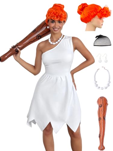 Image of Womens Cavewoman Costume with White One-Shoulder Midi Dress,Necklace,Earrings,Wig,Inflatable Stick for Halloween