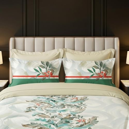 Image of LANE LINEN 100% Cotton Printed King Size Bedsheet - Beige Leaves | OEKO-Tex Certified, 250TC, Fits King & Double Bed, Floral Print, Breathable & Wrinkle-Free, Includes 2 Pillow Covers