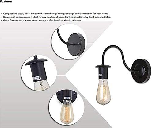 FSLiving Minimalist Single Socket Vintage Industrial Loft Style 1-Light Wall Sconce E27 CE Certification Plug-in Button Switch Cord Lighting Black Bulb NOT Included