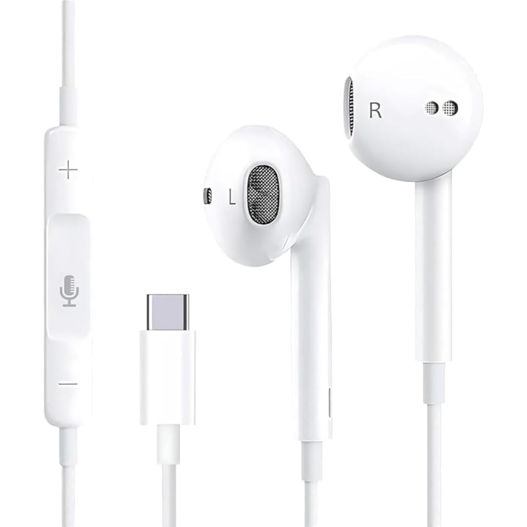 USB C Wired Headphones with Mic, Noise-Cancelling Type C Earphones for iPhone 15, 15 Pro, 16, Samsung S20, S21, S22, S23, Note 10, 20, 21, In-Ear Hi-Fi Headphones for Android Devices (Type C)
