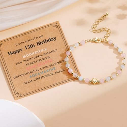 7~13번째 생일 선물, 천연 크리스탈 팔찌 로즈 쿼츠 문스톤 아쿠아마린 힐링 스톤 주얼리 여성용 16.5+5.1cm(6.5+2인치) — 사진 3