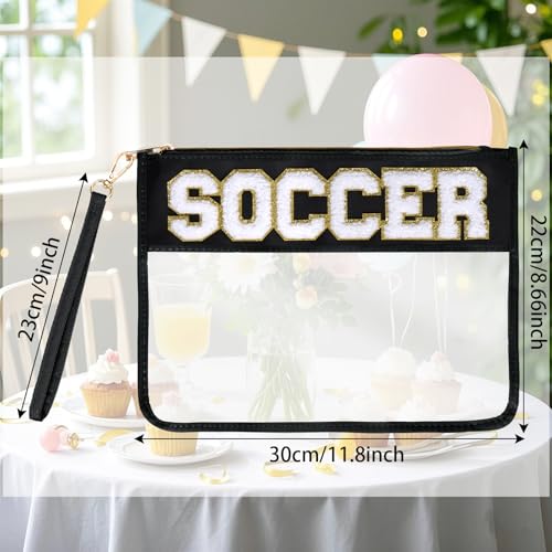 Chenille Letter Bag, Clear Nylon Cosmetic Makeup Bag with Zipper, Varsity Preppy Patch Flat Travel Pouch for Women Girls Gift (Black-SOCCER)2