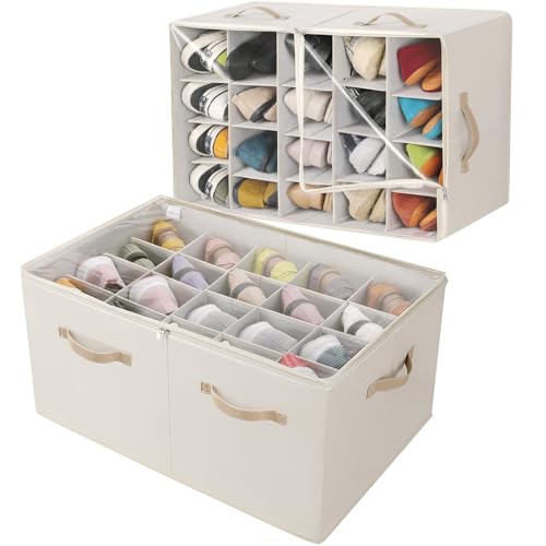 Shoe Organizer for Closet 2 Pack, Foldable Shoe Box with Adjustable Divider and Clear Cover, Space Saving Shoe Storage Organizer Cabinet with Reinforced Handles, Fits 40 Pair, Beige, TP11Y