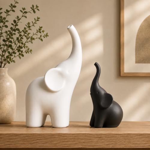Image of Elephant Showpiece Set for Home Decor, Matte Finish Elephant Decorative Figurines for Living Room, TV Table, Shelf Decor Lucky Elephant Statue for Housewarming Gift (Black & White,PLA Plastic)