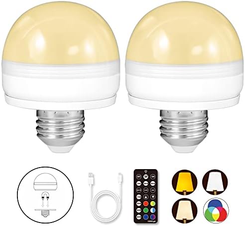 BLUEYE Rechargeable Battery Operated Light Bulb,2Packs,300LM,40W Equivalent,E26 Detachable Charging(E12 available),4 Color Temperature,Remote Control Puck Emergency Lamp,Timer,Dimmer,For Non-Hardwired
