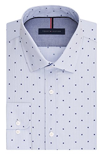 Tommy Hilfiger Men's Non Iron Slim Fit Printed Stripe Spread Collar Dress Shirt, Ultra Blue, 15.5" Neck 32"-33" Sleeve