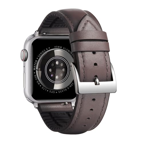 BINLUN Compatible with Apple Watch Bands Leather Soft Silicone Inner Hybrid Sweatproof 38mm 40mm 41mm 42mm Watch Strap for iWatch Ultra SE Series 11/10/9/8/7/6/5/4/3/2/1(Silver Buckle,Deep Brown)