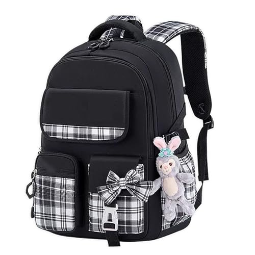 Women Bow Backpack with Cute Pendant 15.6 Inch Laptop Bag Large Travel Lightweight Breathable Fashionable Daypack Black
