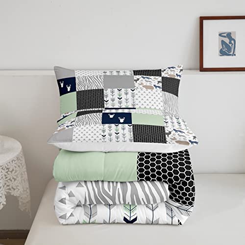 Deer Antlers Silhouette Comforter Set Full,Wild Animals Bedding Set 3Pcs For Kids Teens Adults Room Decor, Classic Plaid Patchwork Quilt Set Arrow Honeycomb Duvet Insert With 2 Pillowcases #TOP4