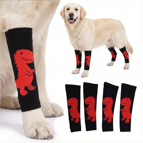 LovinPet 4-Pack Dog Knee Sleeves, Dinosaur-Style Leg Warmers for Medium & Large Dogs, 4-Way Stretch, Anti-Lick Coverage, Warm & Comfy Fit, One Size,Black Red