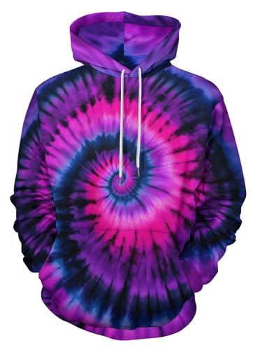 BarbedRose Mens Tie Dye Hoodies Unisex Rainbow Graphic Art Pullover Hoodie Sweatshirt,Dark Purple Pink,4XL