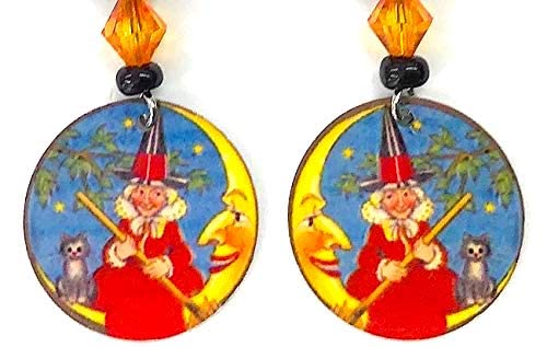 Witch on the Moon,Halloween Earrings, Retro Design, Sterling Silver Ear Wires, Austria Crystals Fun for Party or Office, Metal Nickel Free Lightweight Metal, Handmade by Artist, Patti Siehien